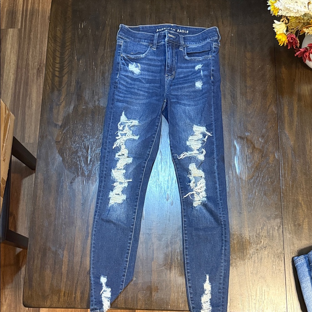 American Eagle Outfitters Women's Dark Blue Ripped Skinny Jeans HI RISE JEGGING